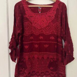 Johnny Was Crimson Red Embroidered Georgette Long Sleeve Top - S